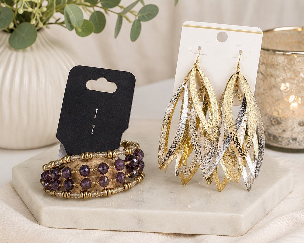 NWT 2 Pc Jewelry Set Crystal Beaded Bracelet Gold Silver Hammered Dangle Earring